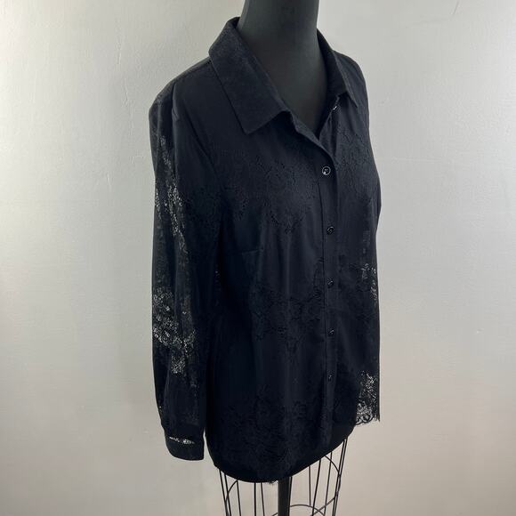 CABI St. Regis Black Blouse Floral Sheer Lace Collared Button-Up Size Medium M - Picture 6 of 11